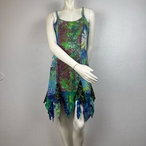Green & Blue Tye Dye Y2K Whimsygoth Fairy Cottagecore Festival Grunge Dress
